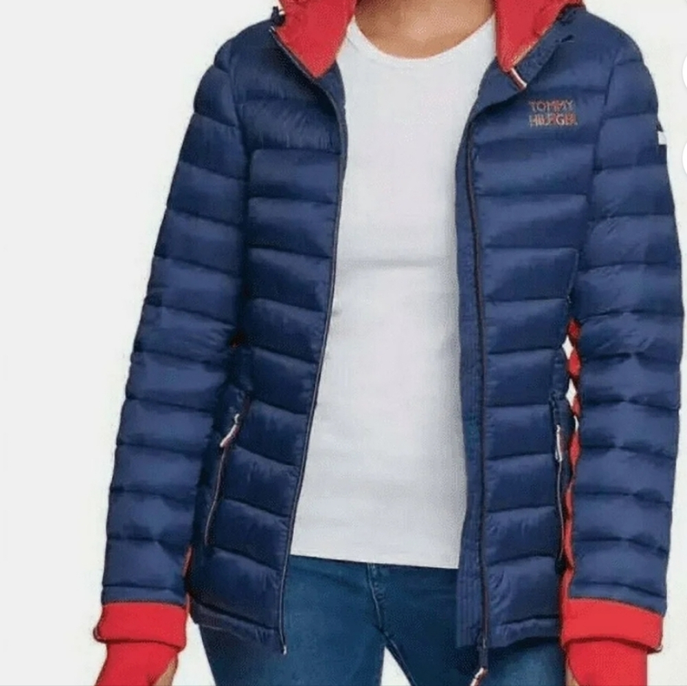 Tommy Hilfiger Women's Blue Puffer Jacket with Red Accents